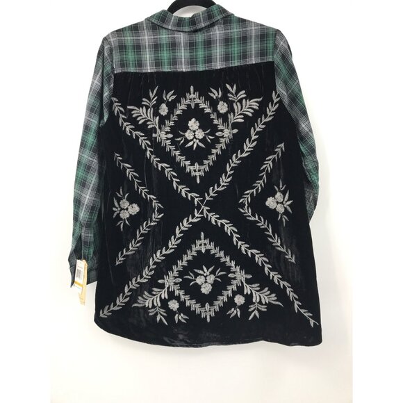 Democracy Plaid Velvet Embroidered Long Sleeve Button Front Shirt Green Small NE - Picture 3 of 7